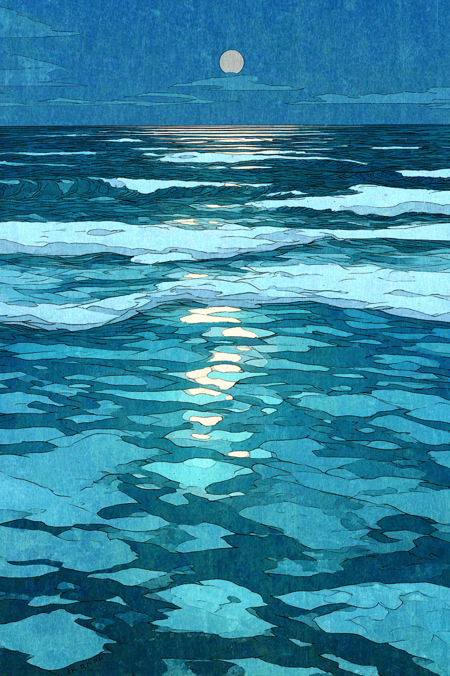 Blau Nachtszenene Am Meer Mit Vollmond Und Ruhigen Wellen | Petrol Maritim Delfter Blau | Farbenwelten