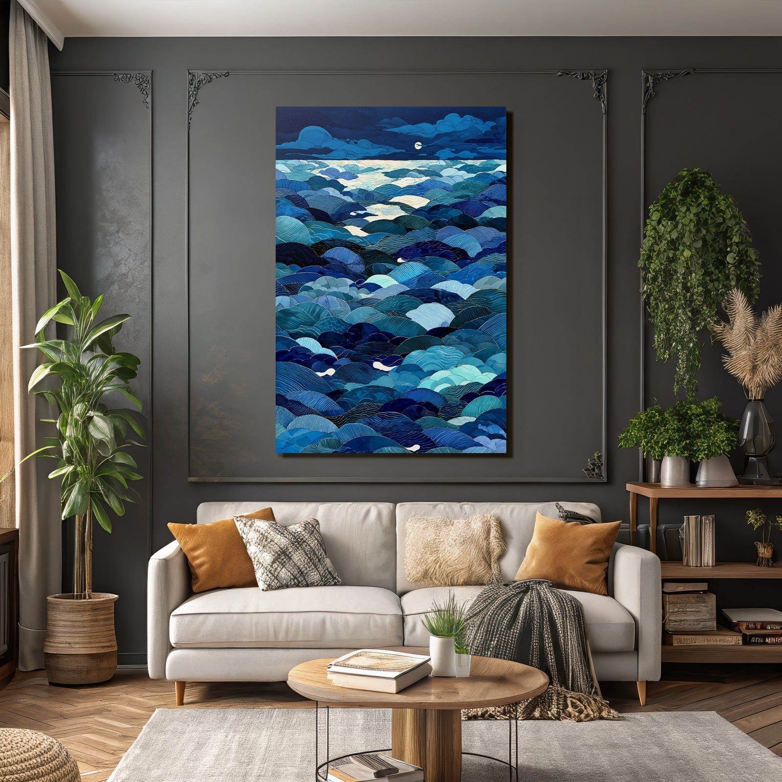 Blau Ocean In Nacht Unter Dem Mondlicht Abstrakte Darstellung
