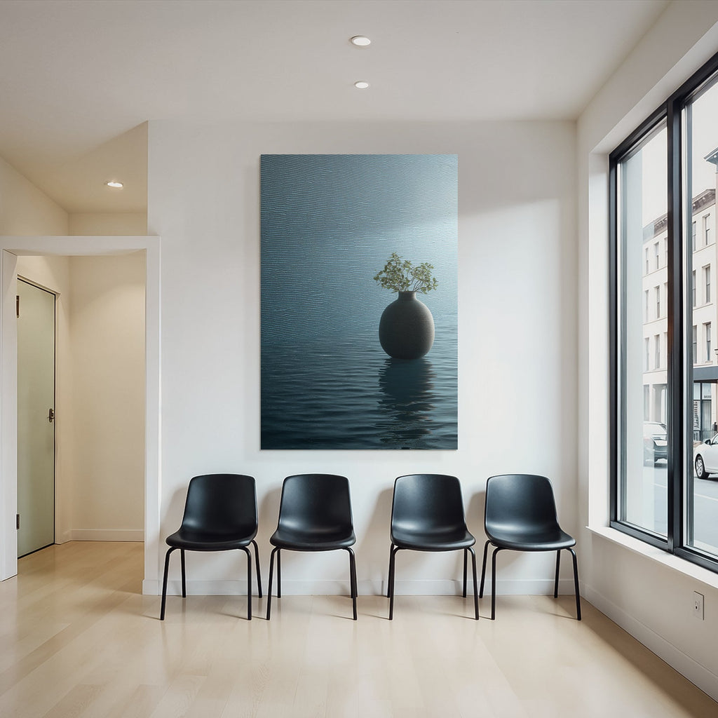 Blau Ruhige Szene Mit Vase Und Pflanze Auf Reflektierender Oberfläche