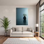Blau Ruhige Szene Mit Vase Und Pflanze Auf Reflektierender Oberfläche