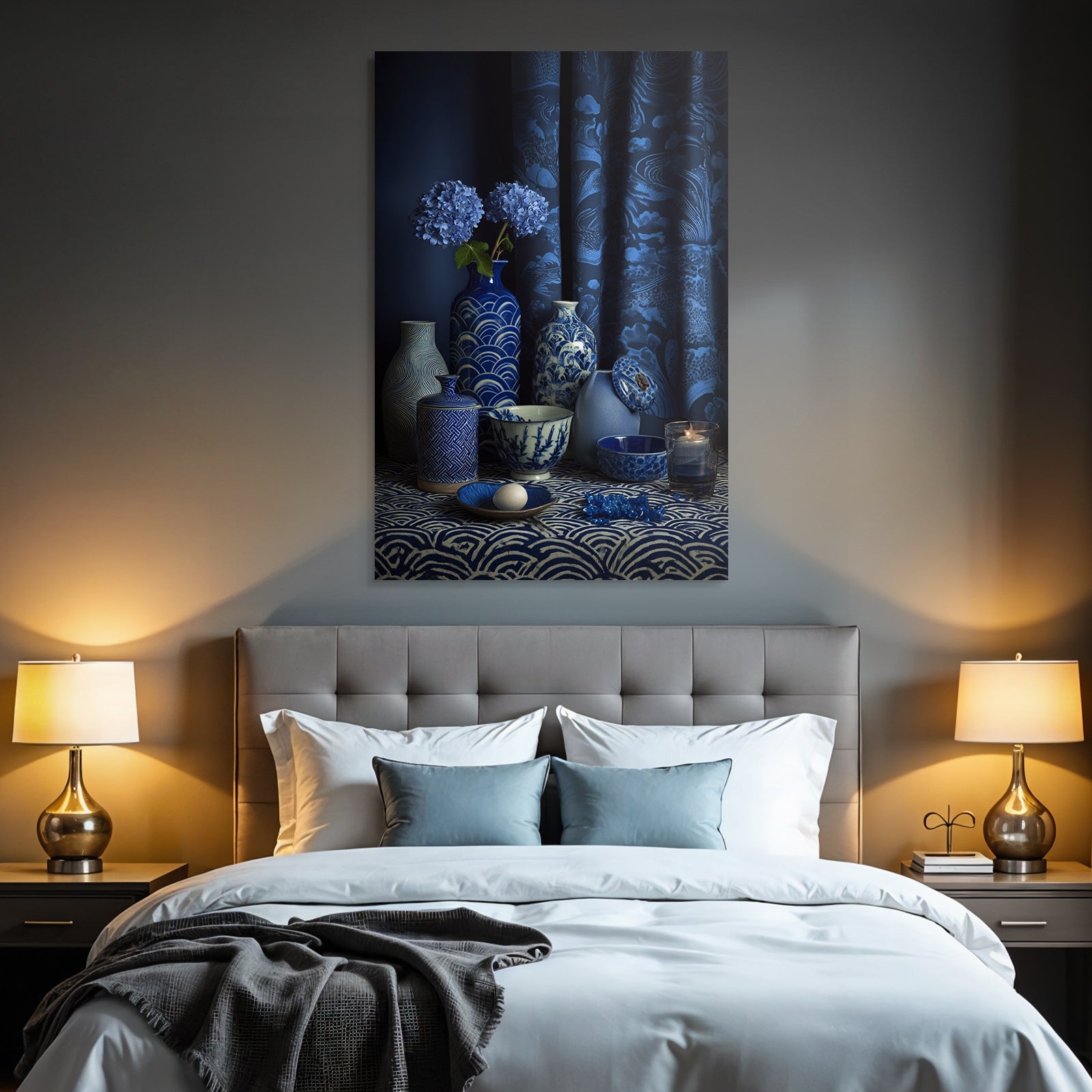 Blau Stylische Anordnung Von Blaün Und Weissen Keramiken Mit Hydrangea Auf Dunklem Hintergrund