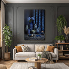 Blau Stylische Anordnung Von Blaün Und Weissen Keramiken Mit Hydrangea Auf Dunklem Hintergrund