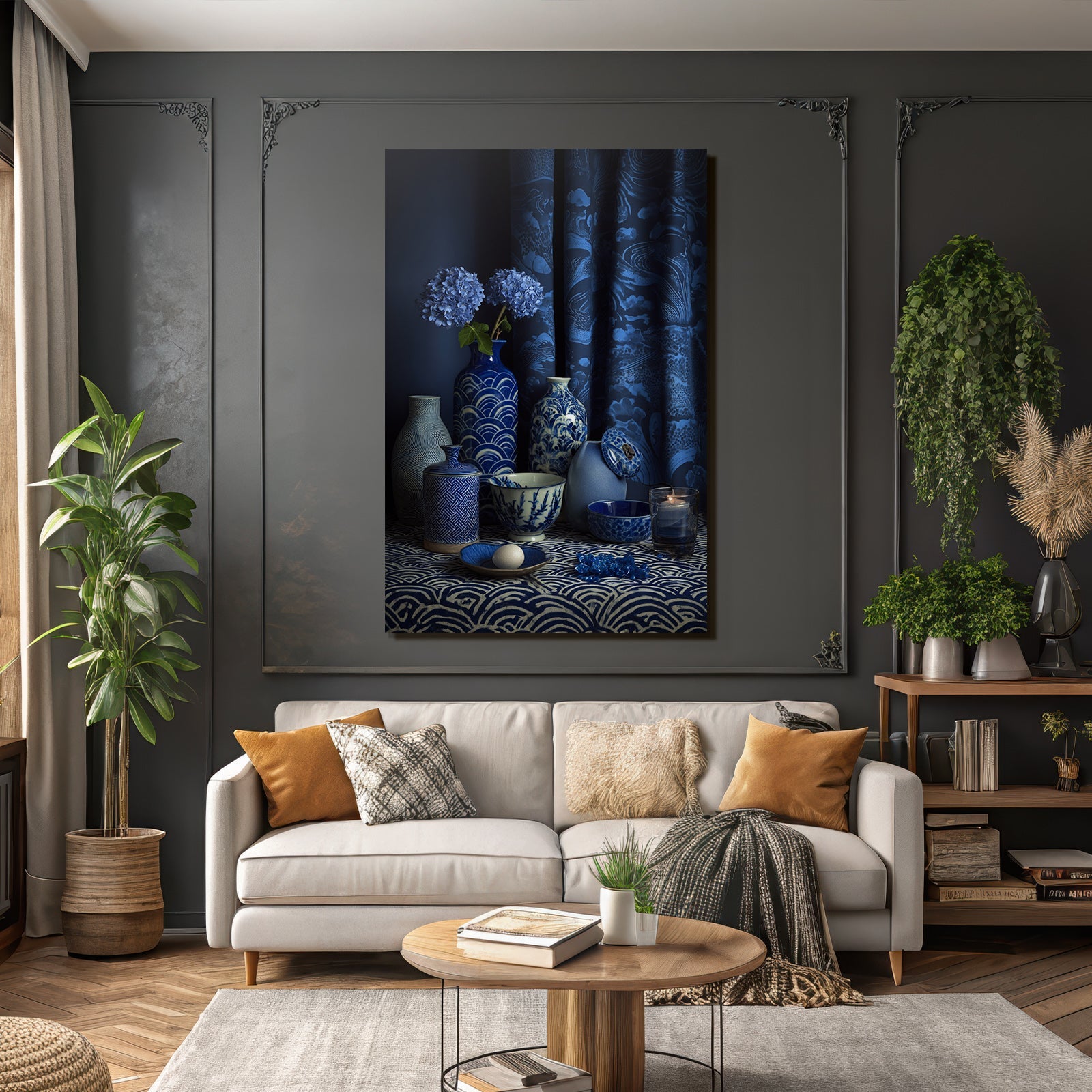 Blau Stylische Anordnung Von Blaün Und Weissen Keramiken Mit Hydrangea Auf Dunklem Hintergrund