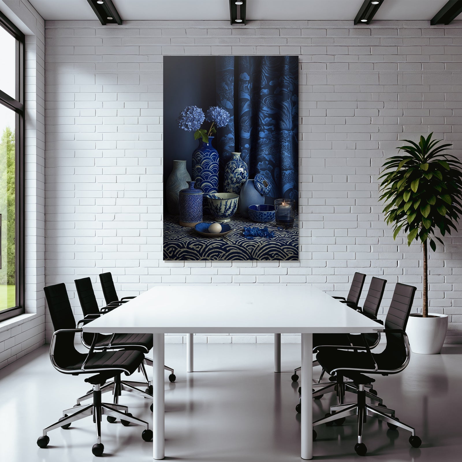 Blau Stylische Anordnung Von Blaün Und Weissen Keramiken Mit Hydrangea Auf Dunklem Hintergrund