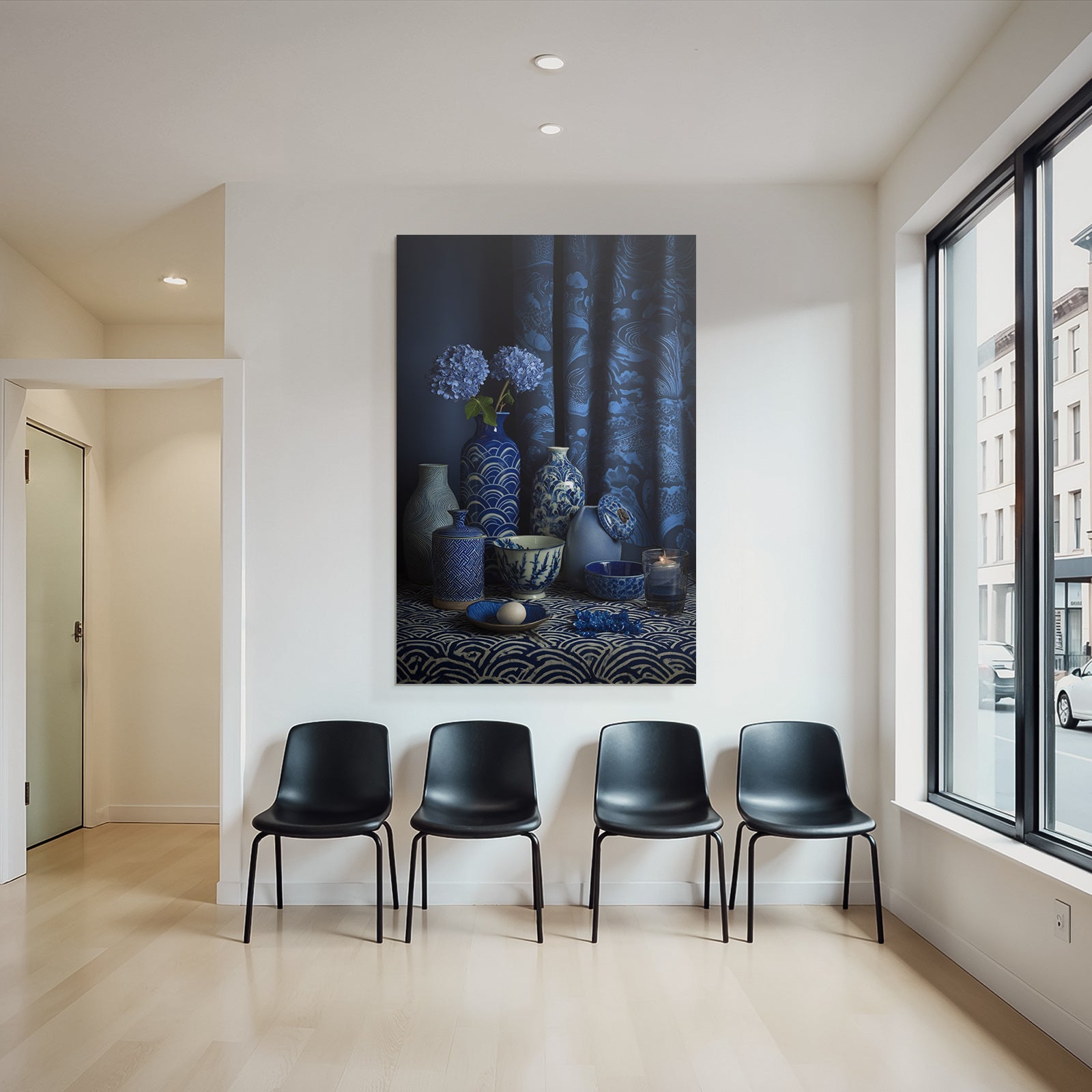 Blau Stylische Anordnung Von Blaün Und Weissen Keramiken Mit Hydrangea Auf Dunklem Hintergrund