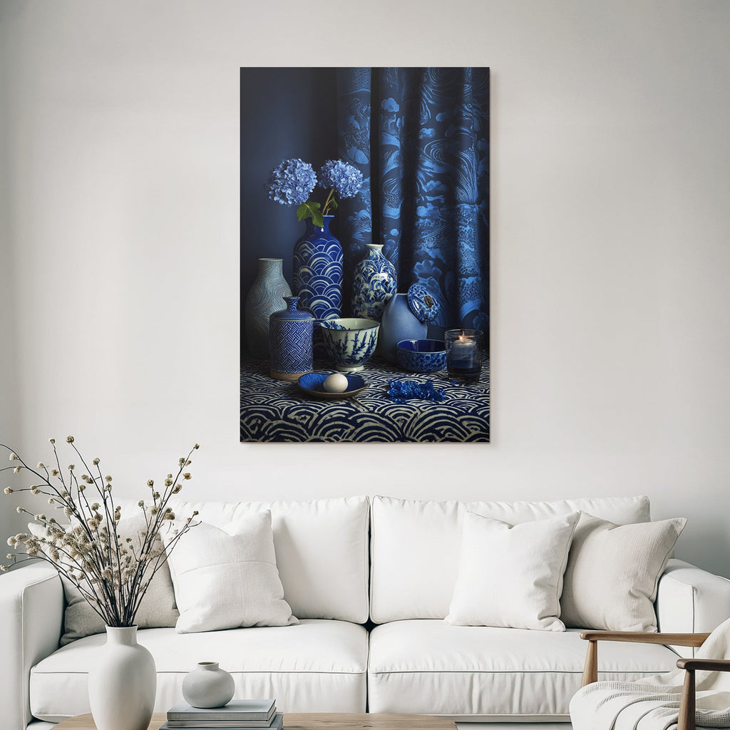 Blau Stylische Anordnung Von Blaün Und Weissen Keramiken Mit Hydrangea Auf Dunklem Hintergrund