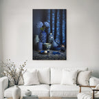 Blau Stylische Anordnung Von Blaün Und Weissen Keramiken Mit Hydrangea Auf Dunklem Hintergrund