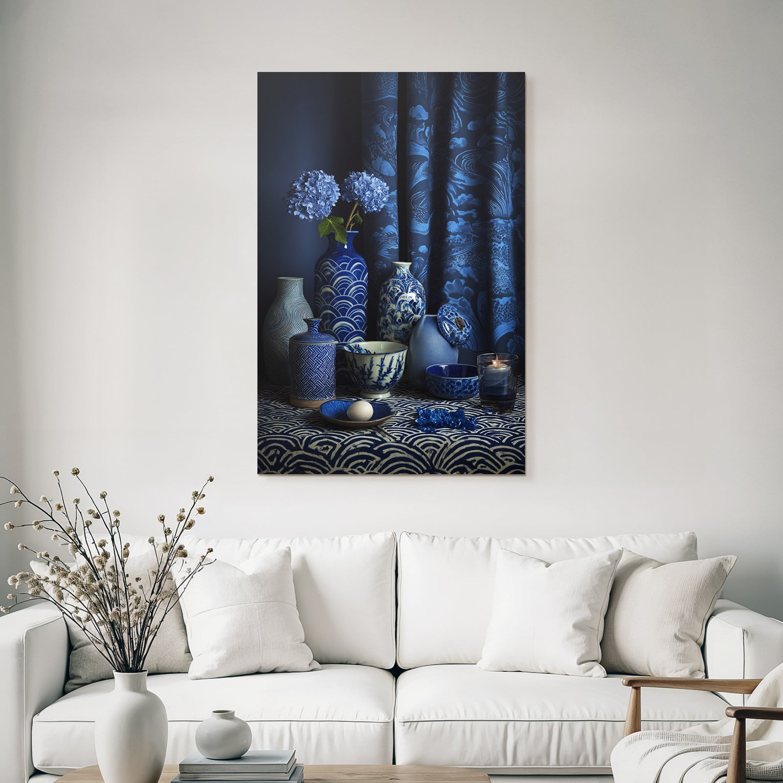 Blau Stylische Anordnung Von Blaün Und Weissen Keramiken Mit Hydrangea Auf Dunklem Hintergrund