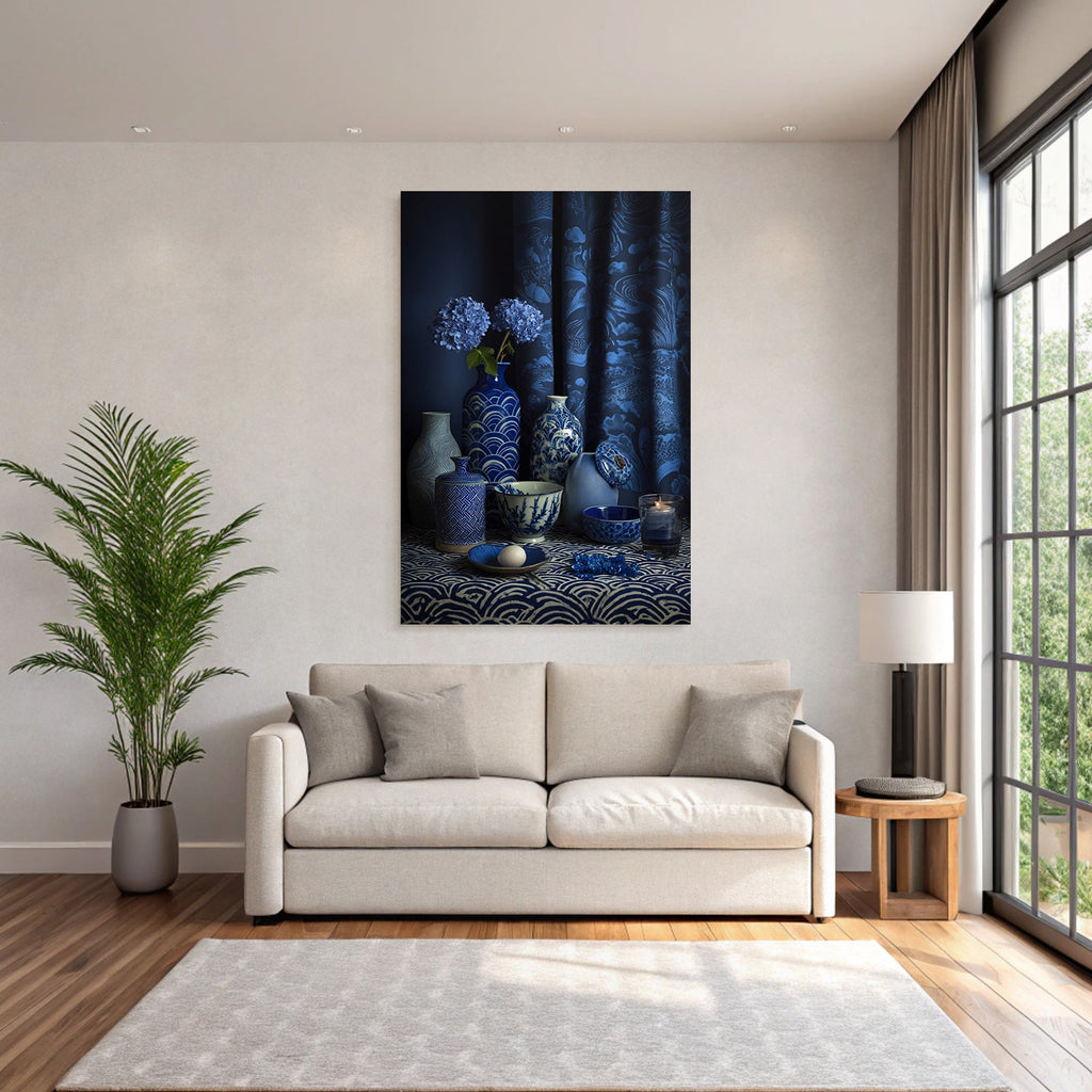 Blau Stylische Anordnung Von Blaün Und Weissen Keramiken Mit Hydrangea Auf Dunklem Hintergrund