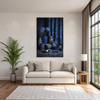 Blau Stylische Anordnung Von Blaün Und Weissen Keramiken Mit Hydrangea Auf Dunklem Hintergrund