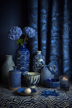 Blau Stylische Anordnung Von Blaün Und Weissen Keramiken Mit Hydrangea Auf Dunklem Hintergrund | Petrol Maritim Delfter Blau | Farbenwelten