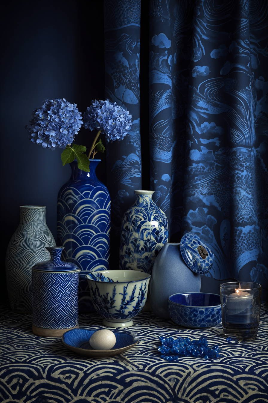 Blau Stylische Anordnung Von Blaün Und Weissen Keramiken Mit Hydrangea Auf Dunklem Hintergrund | Petrol Maritim Delfter Blau | Farbenwelten