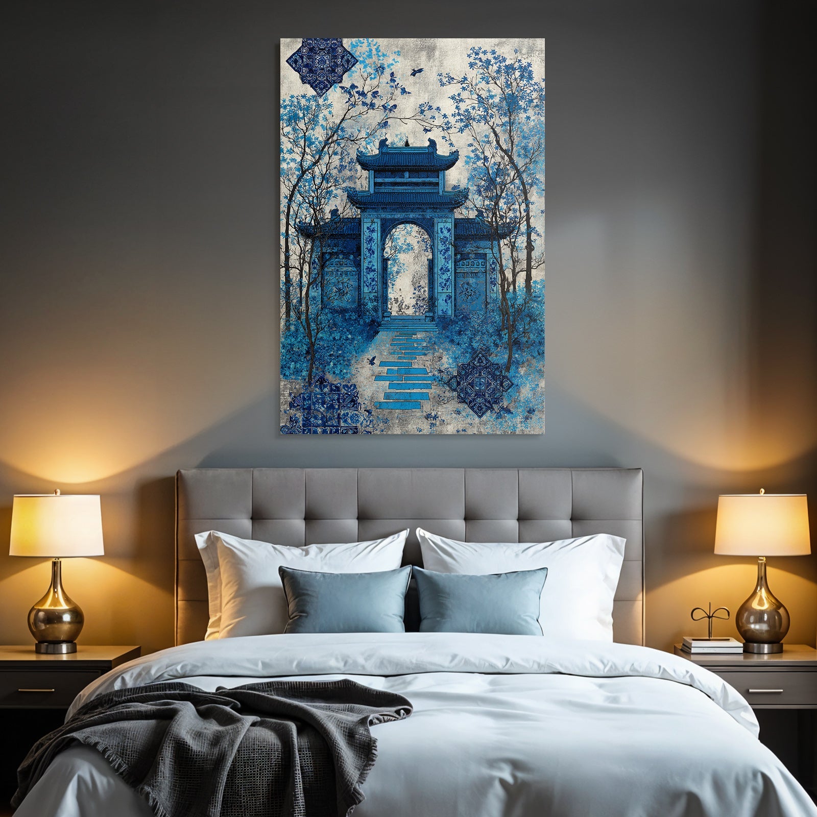 Blau Traditionelles Architektonisches Gemälde In Blau Mit Natur Hintergrund