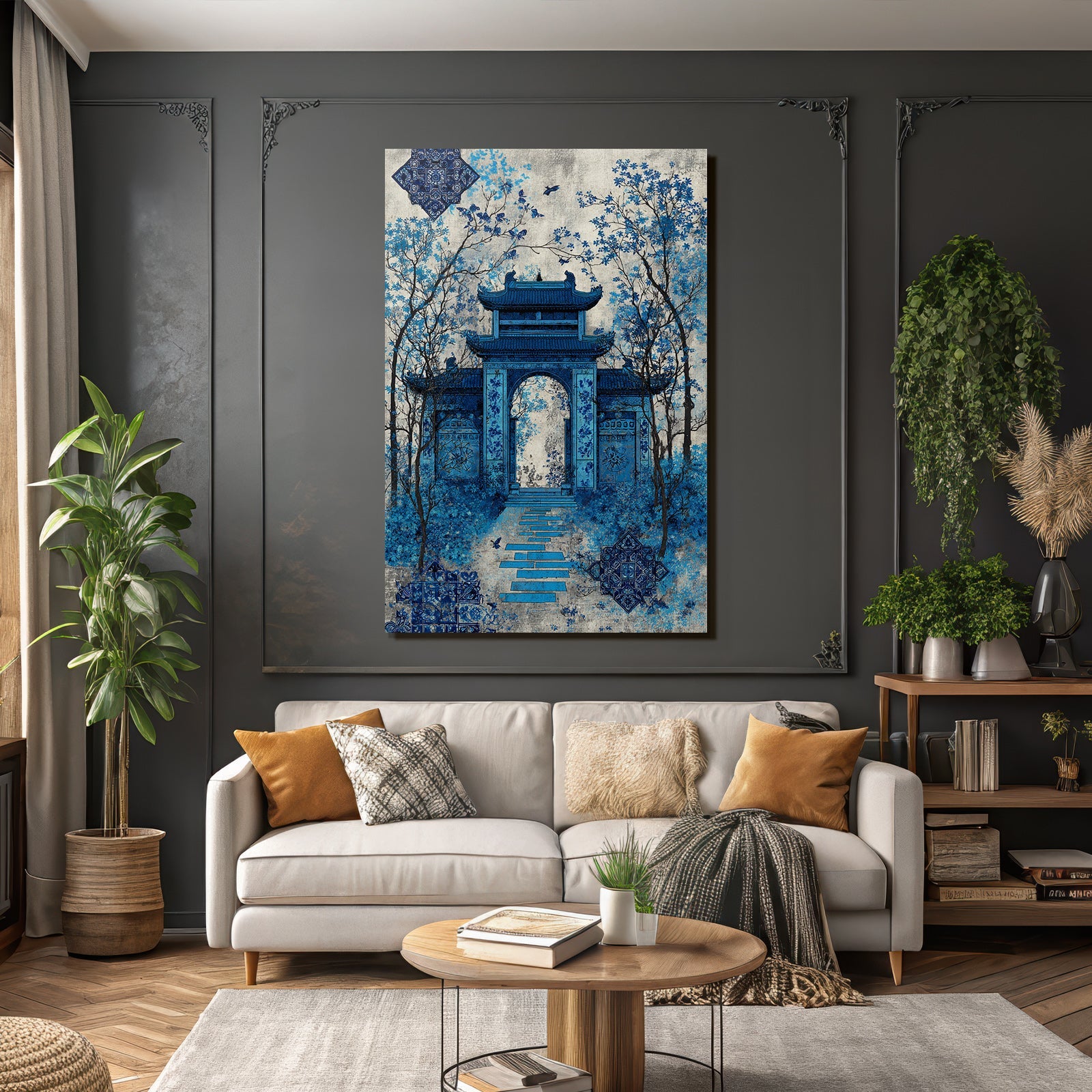 Blau Traditionelles Architektonisches Gemälde In Blau Mit Natur Hintergrund
