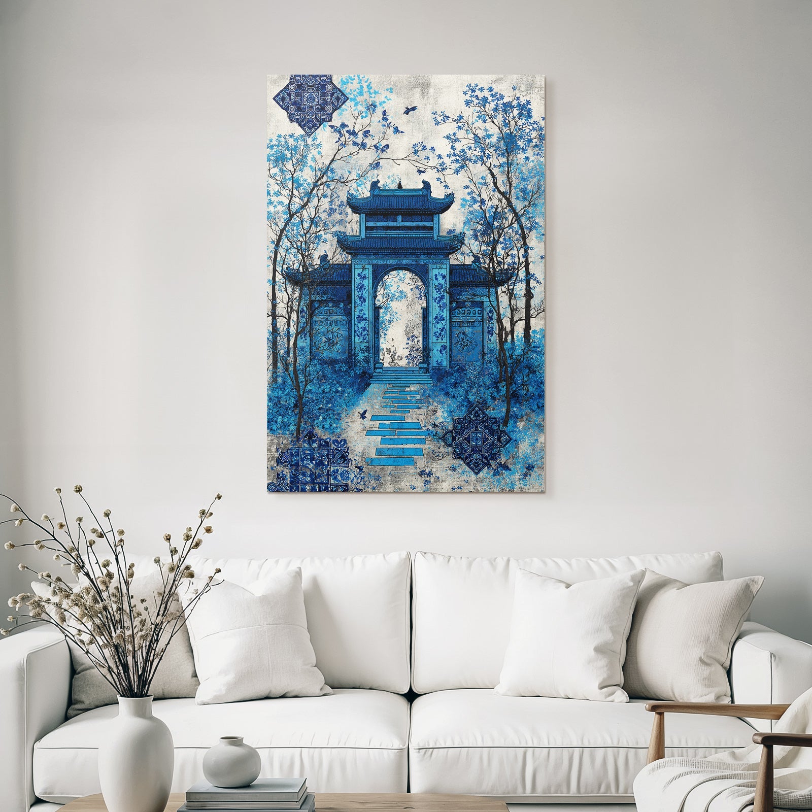 Blau Traditionelles Architektonisches Gemälde In Blau Mit Natur Hintergrund