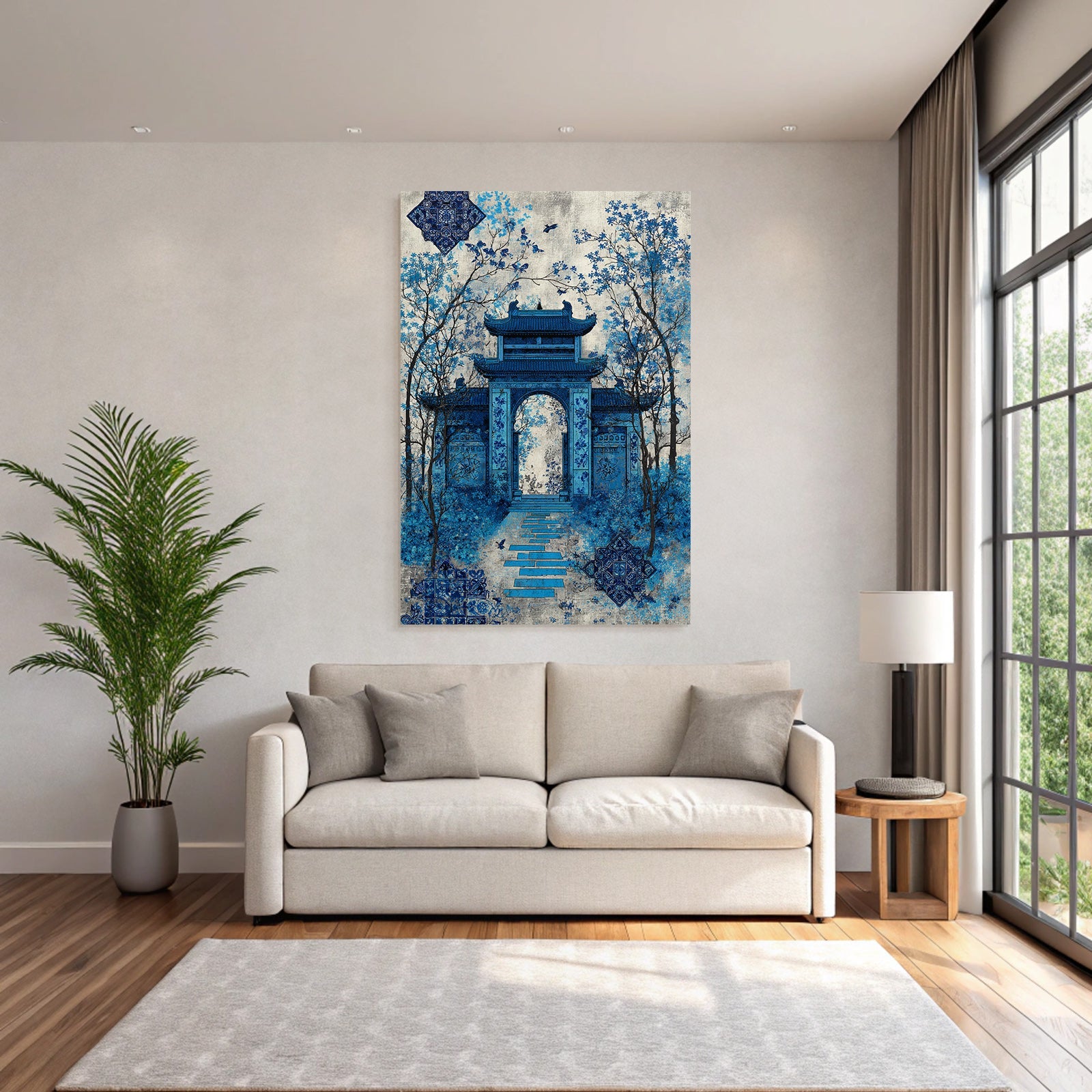 Blau Traditionelles Architektonisches Gemälde In Blau Mit Natur Hintergrund