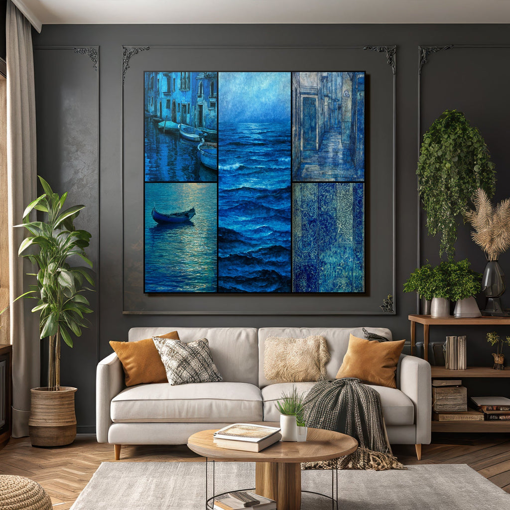 Blau Blaüs Collage Wasser Und Strassen Szenen Beruhigende Atmosphäre