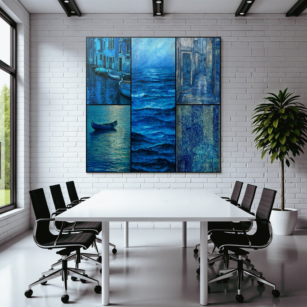 Blau Blaüs Collage Wasser Und Strassen Szenen Beruhigende Atmosphäre