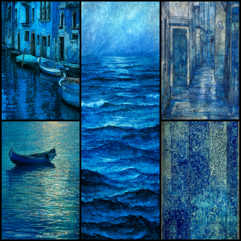 Blau Blaüs Collage Wasser Und Strassen Szenen Beruhigende Atmosphäre | Petrol Maritim Delfter Blau | Farbenwelten