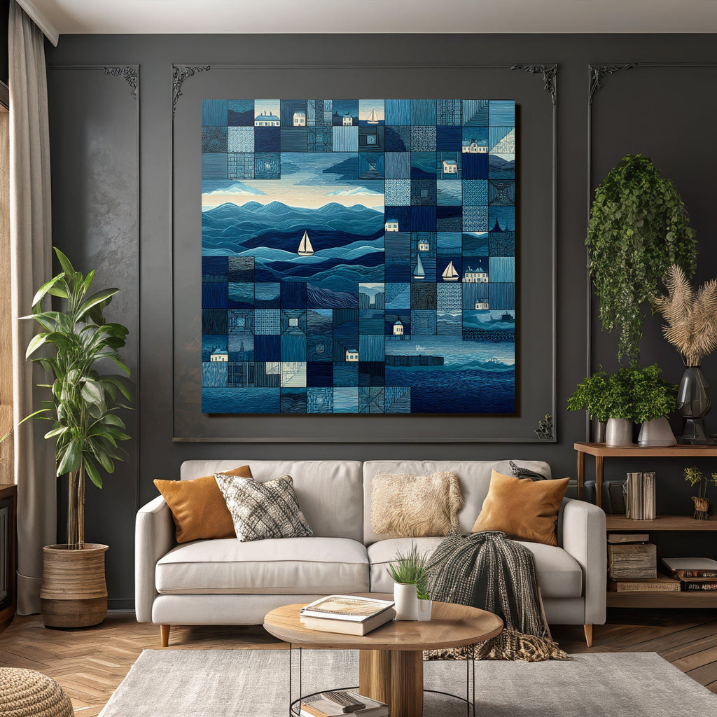 Blau Blautöne Meeresmosaik Collage Seascapes Wellen Boote Häuser