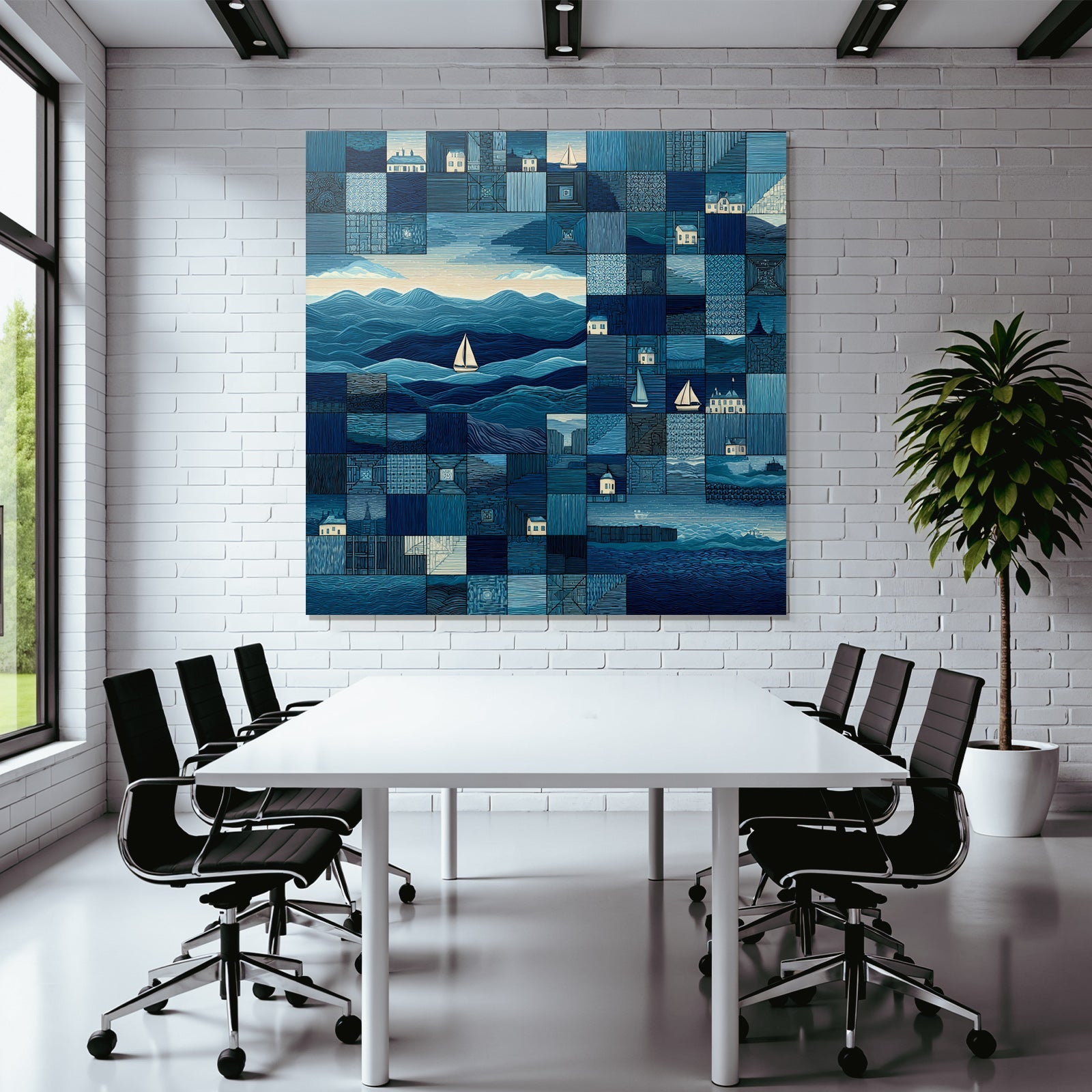 Blau Blautöne Meeresmosaik Collage Seascapes Wellen Boote Häuser