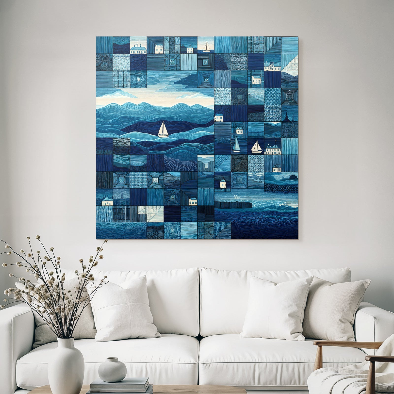 Blau Blautöne Meeresmosaik Collage Seascapes Wellen Boote Häuser