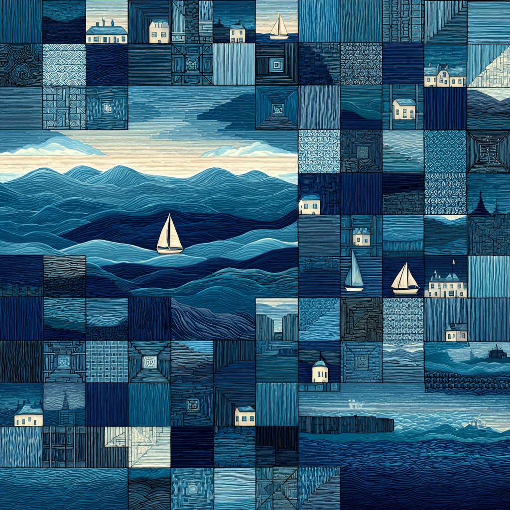 Blau Blautöne Meeresmosaik Collage Seascapes Wellen Boote Häuser | Petrol Maritim Delfter Blau | Farbenwelten