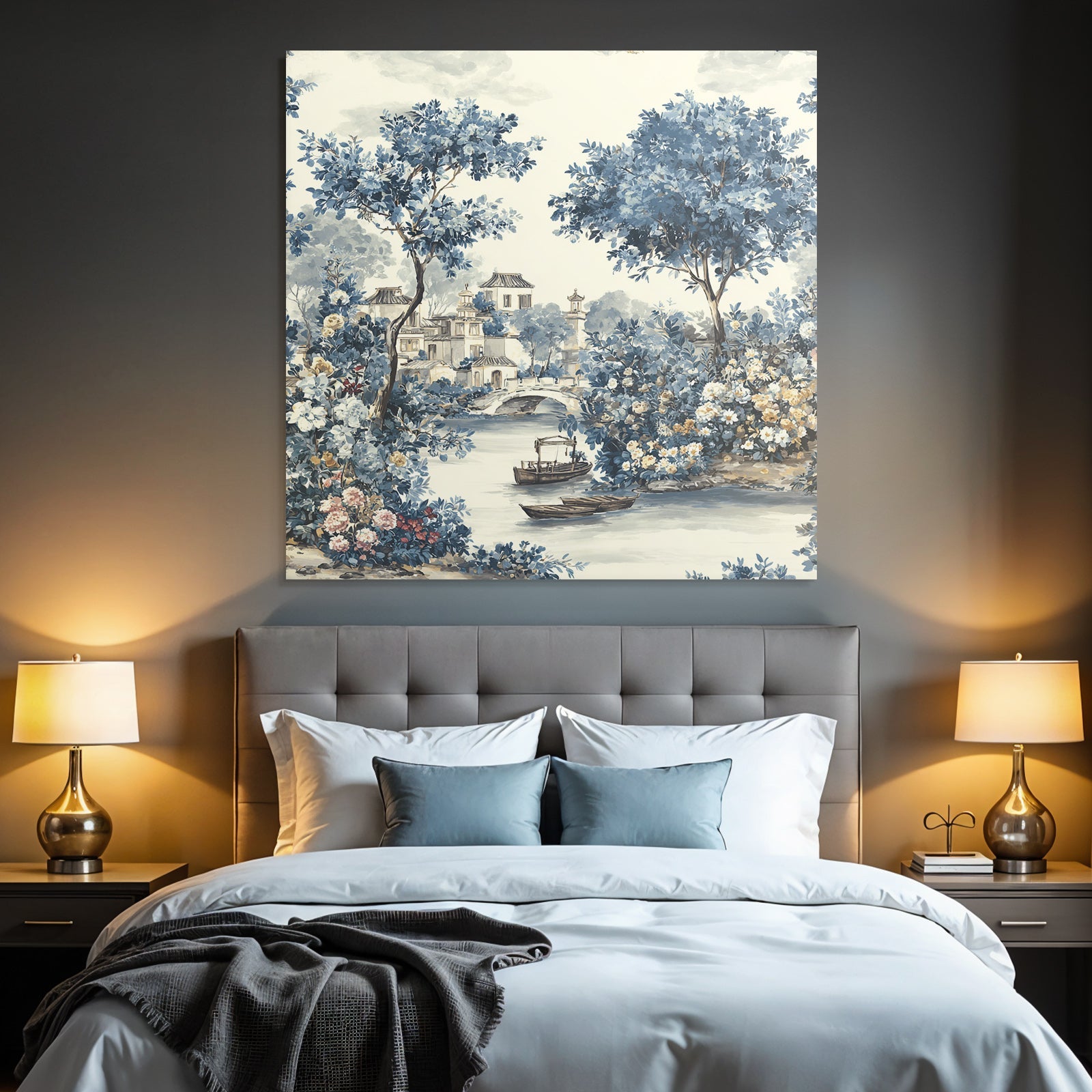 Blau Friedliche Landschaft Mit Fluss Booten Und Brücke Chinoiserie