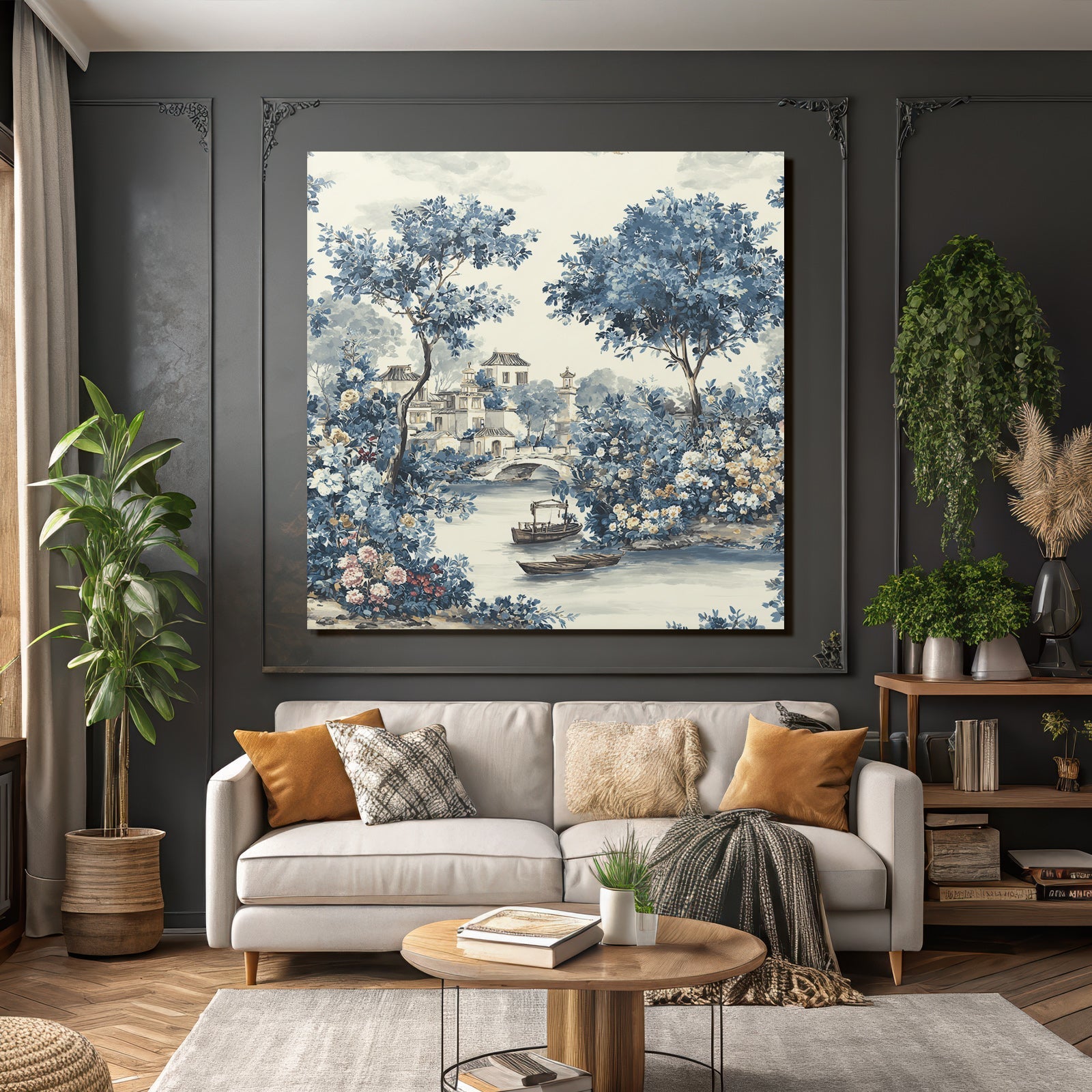 Blau Friedliche Landschaft Mit Fluss Booten Und Brücke Chinoiserie