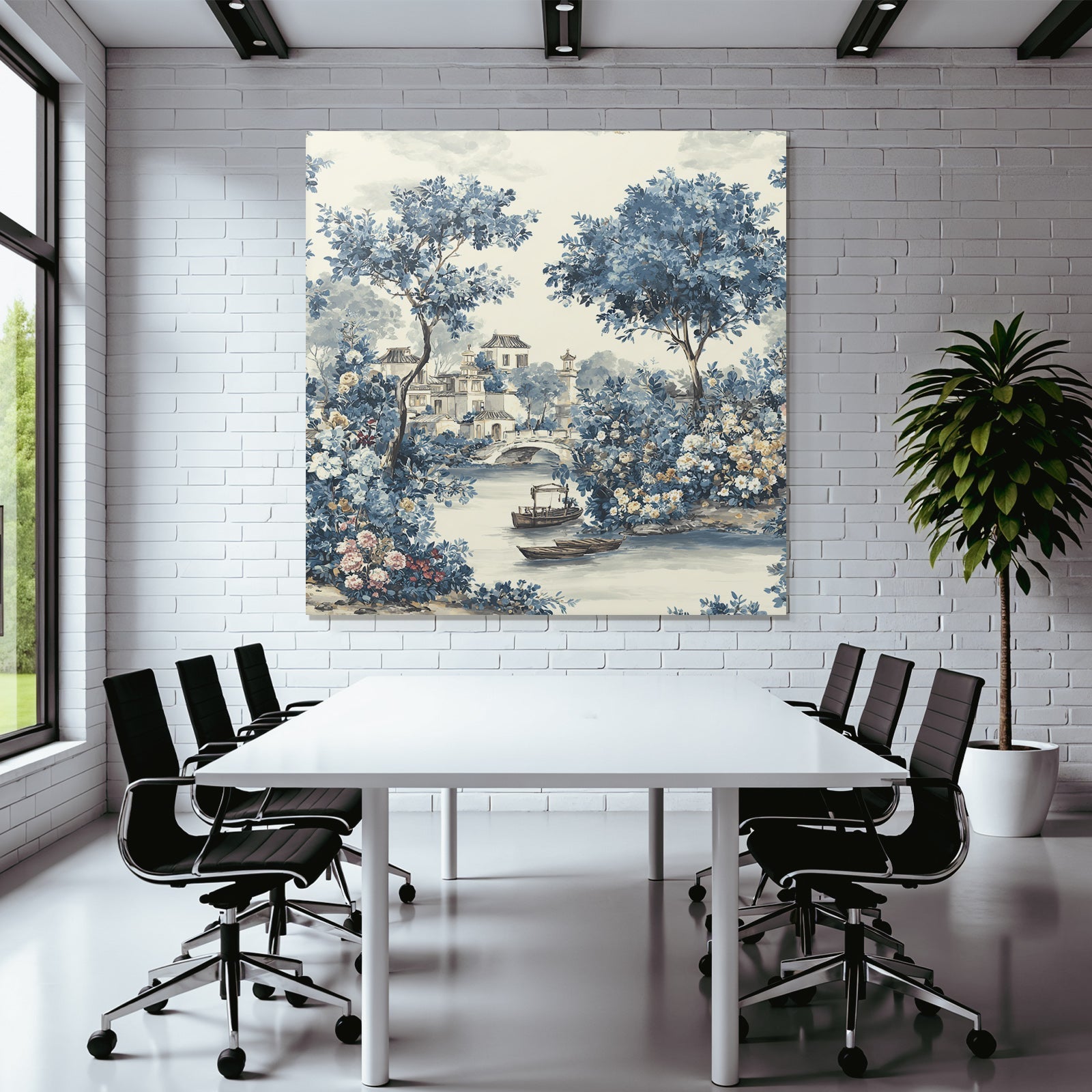 Blau Friedliche Landschaft Mit Fluss Booten Und Brücke Chinoiserie
