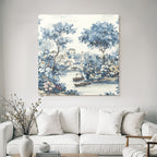 Blau Friedliche Landschaft Mit Fluss Booten Und Brücke Chinoiserie