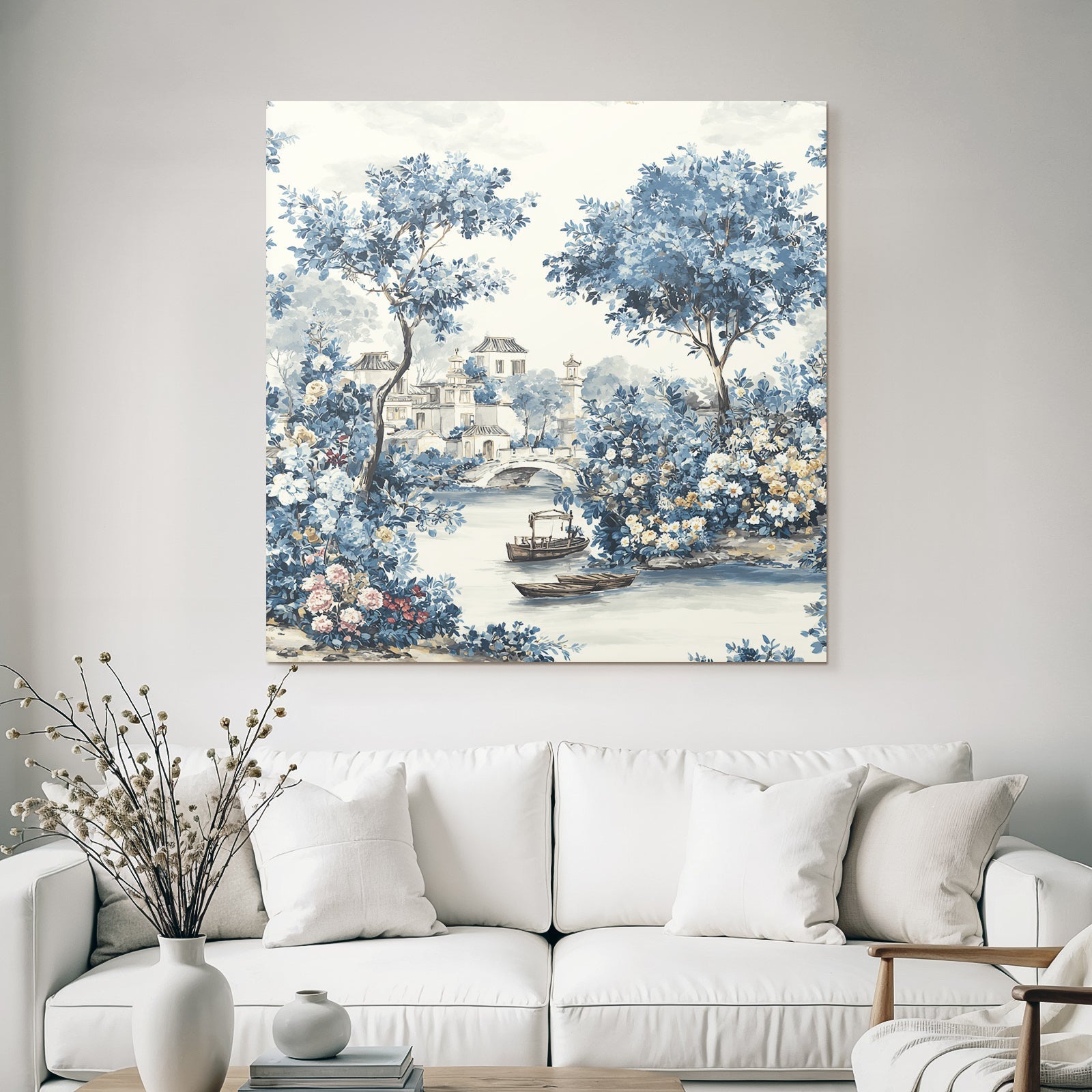 Blau Friedliche Landschaft Mit Fluss Booten Und Brücke Chinoiserie