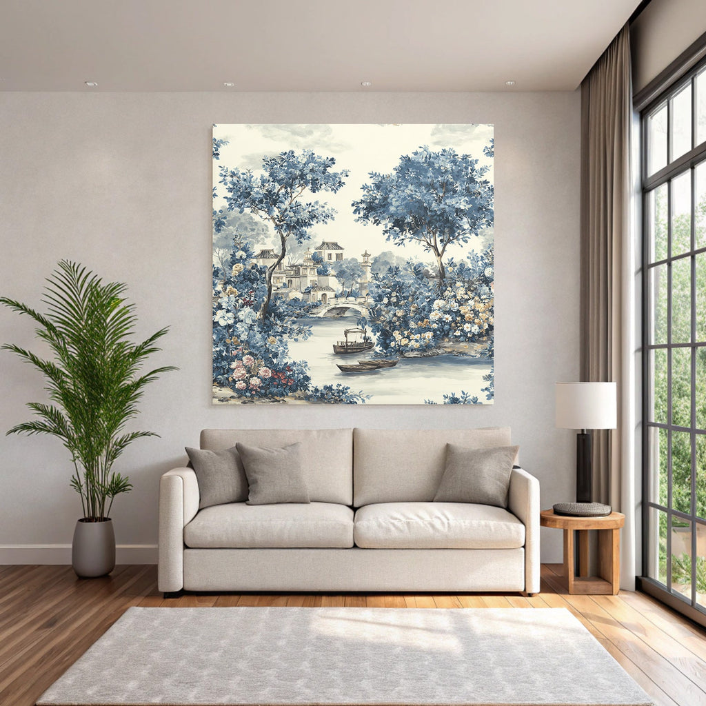 Blau Friedliche Landschaft Mit Fluss Booten Und Brücke Chinoiserie