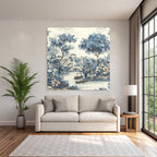 Blau Friedliche Landschaft Mit Fluss Booten Und Brücke Chinoiserie