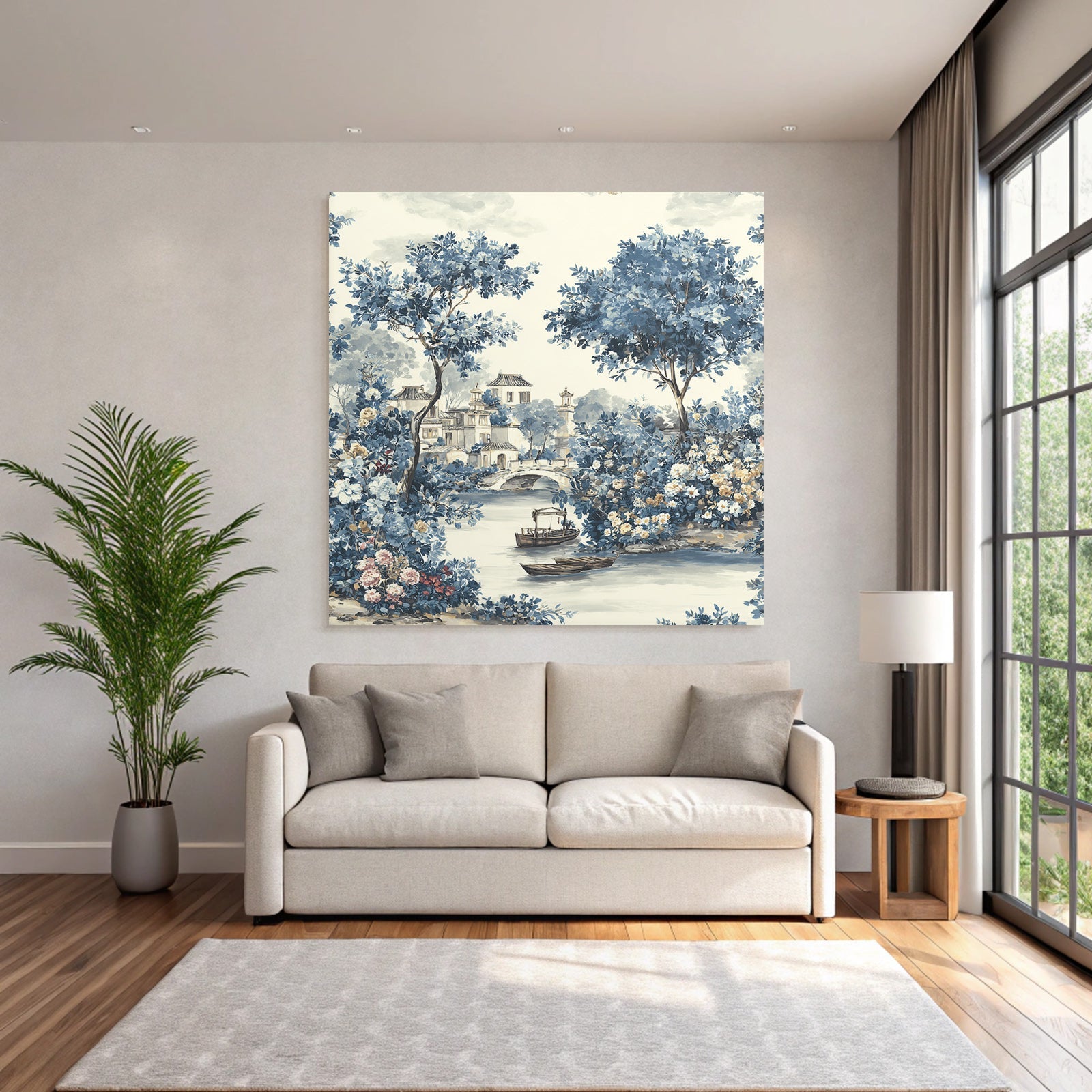 Blau Friedliche Landschaft Mit Fluss Booten Und Brücke Chinoiserie