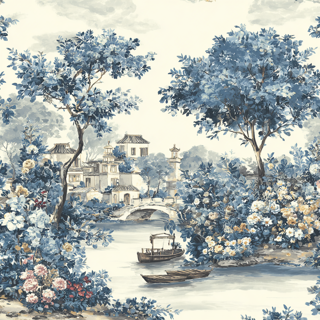 Blau Friedliche Landschaft Mit Fluss Booten Und Brücke Chinoiserie | Petrol Maritim Delfter Blau | Farbenwelten