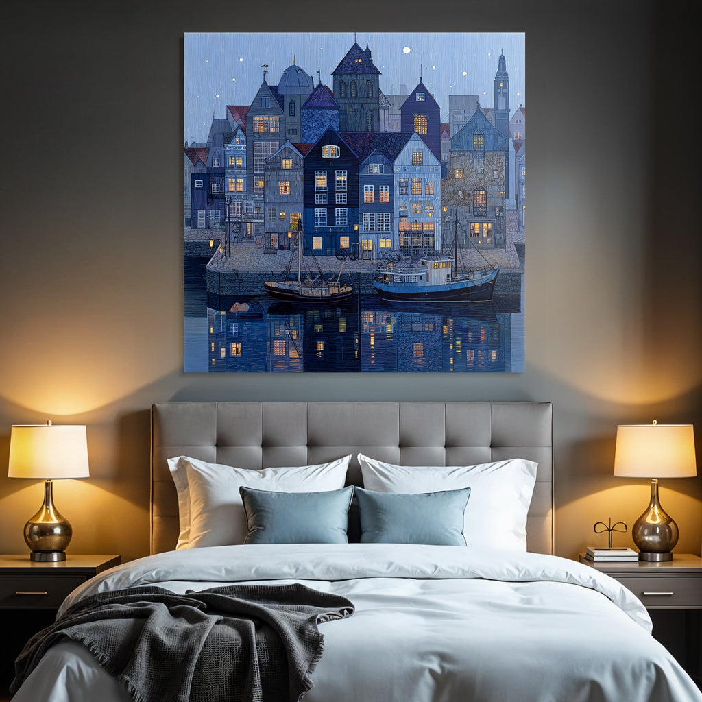 Blue Harbor Scenes at Night with Architecture and Boats