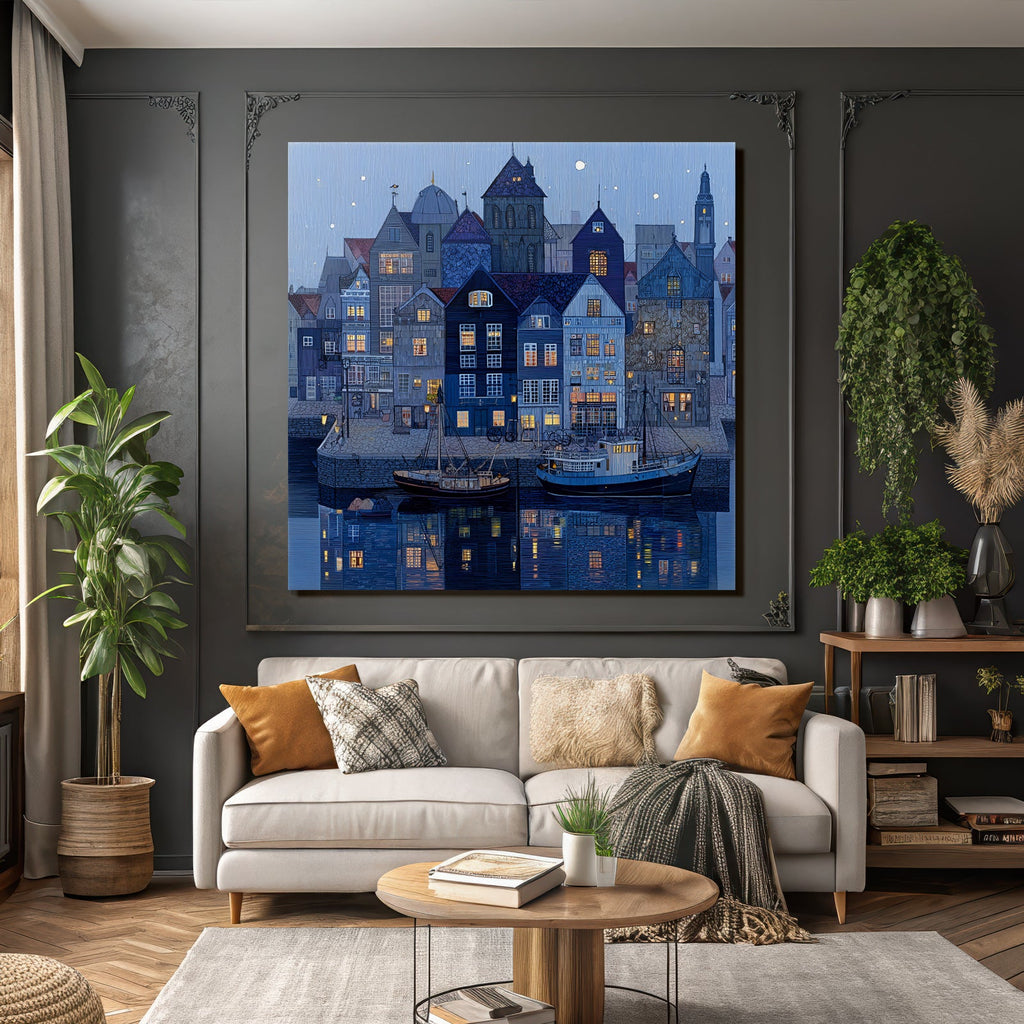 Blue Harbor Scenes at Night with Architecture and Boats