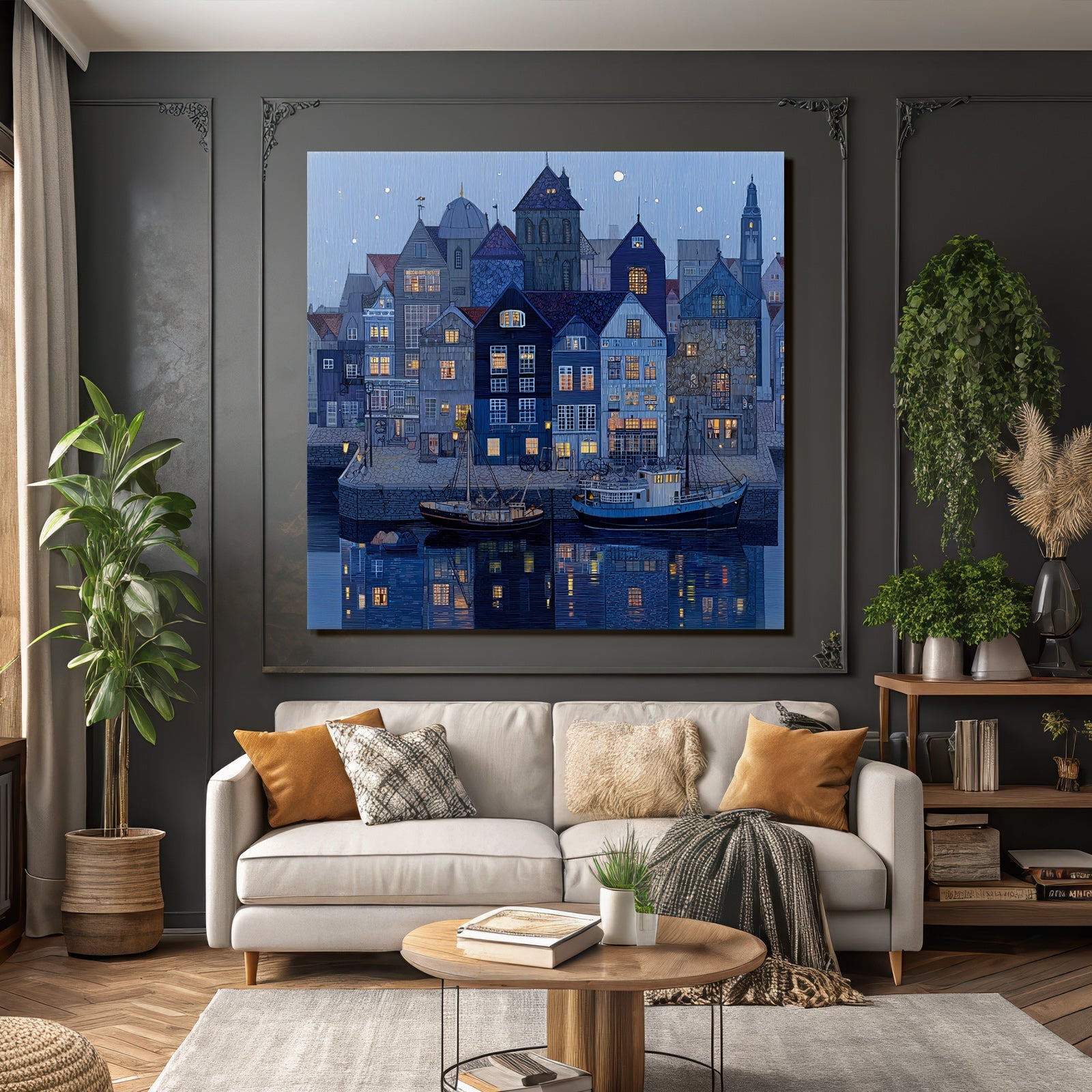 Blau Hafen Szenen Nachts Mit Architektur Und Boote