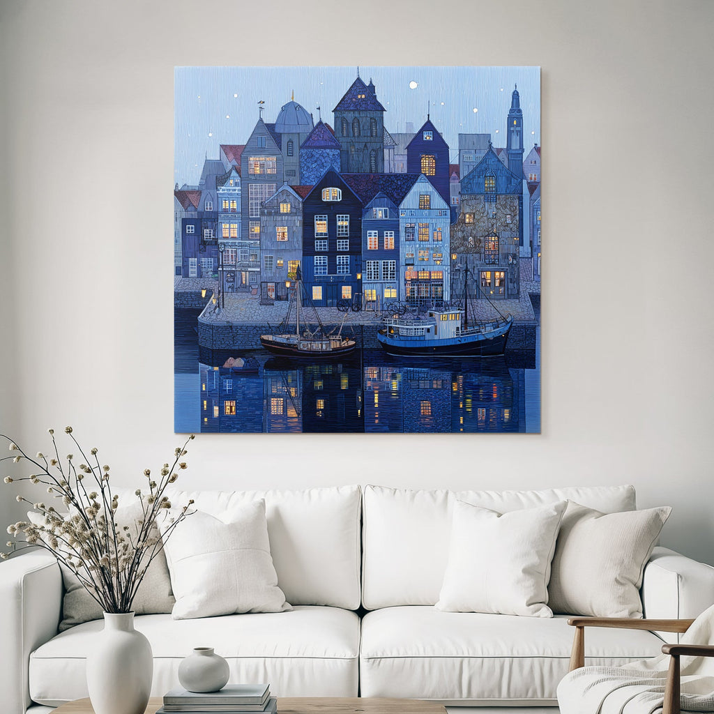 Blue Harbor Scenes at Night with Architecture and Boats