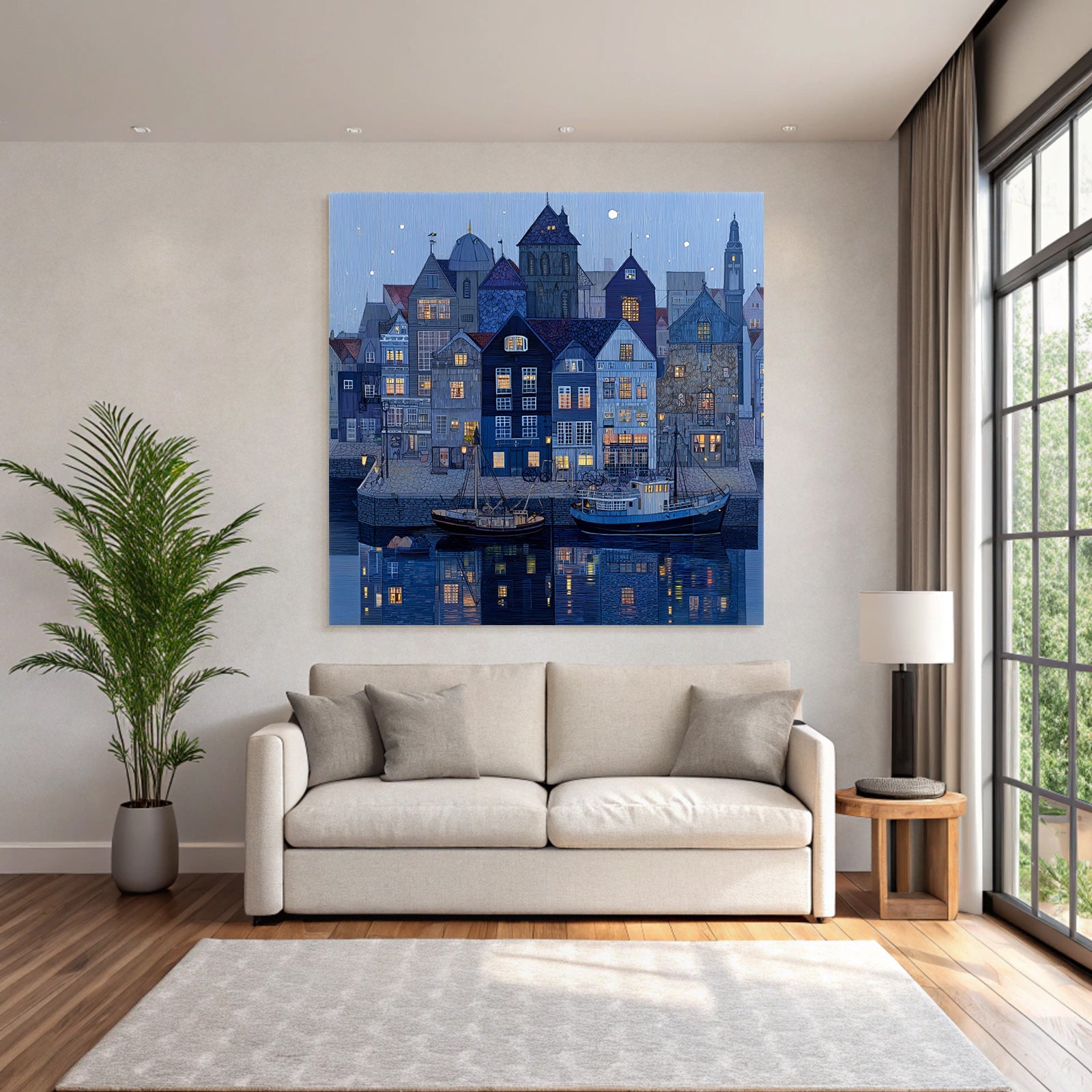 Blau Hafen Szenen Nachts Mit Architektur Und Boote