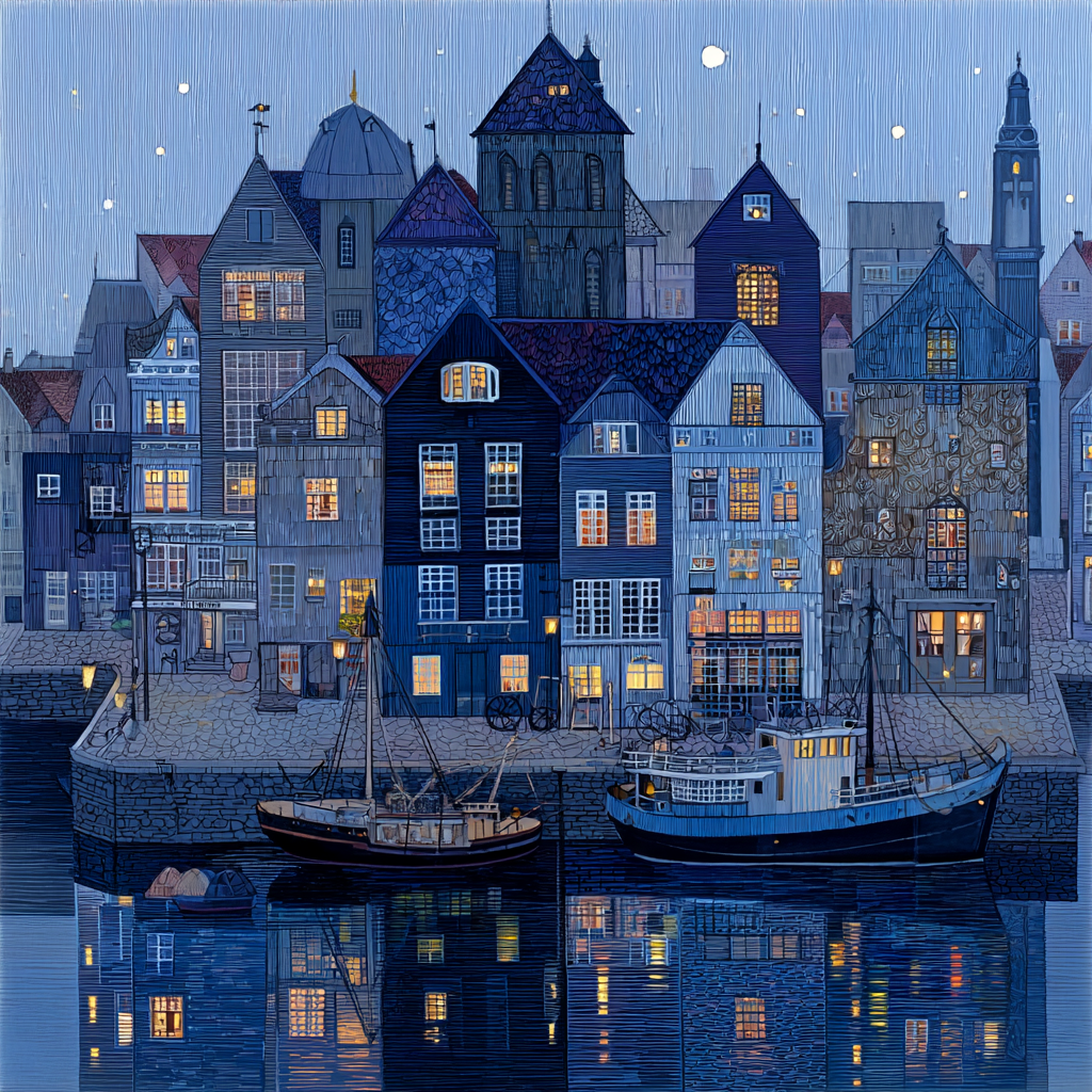 Blau Hafen Szenen Nachts Mit Architektur Und Boote | Petrol Maritim Delfter Blau | Farbenwelten