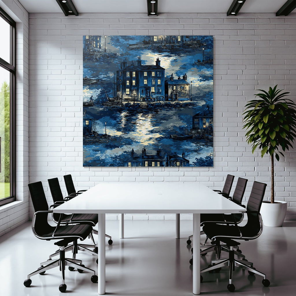 Blau Hauser Am Wasser Nacht Szenen Stilisiert Blau