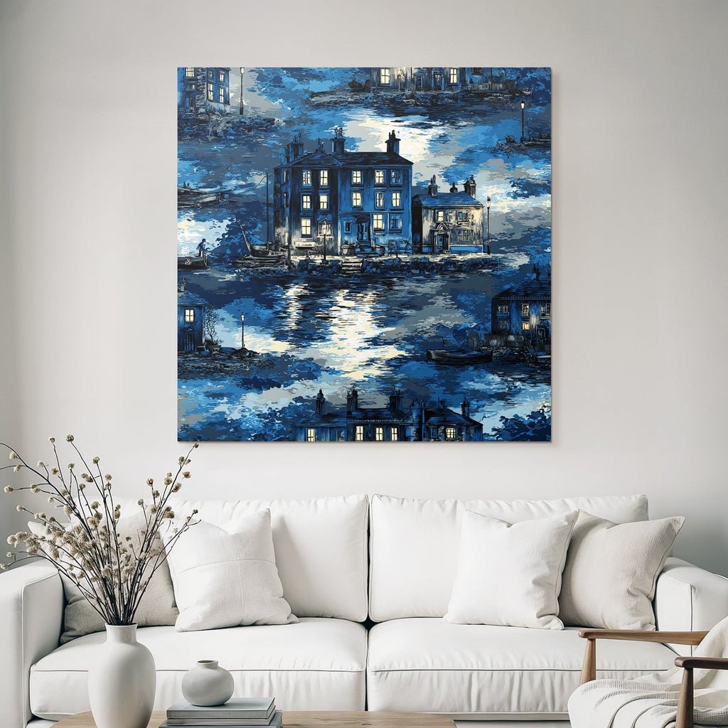 Blau Hauser Am Wasser Nacht Szenen Stilisiert Blau