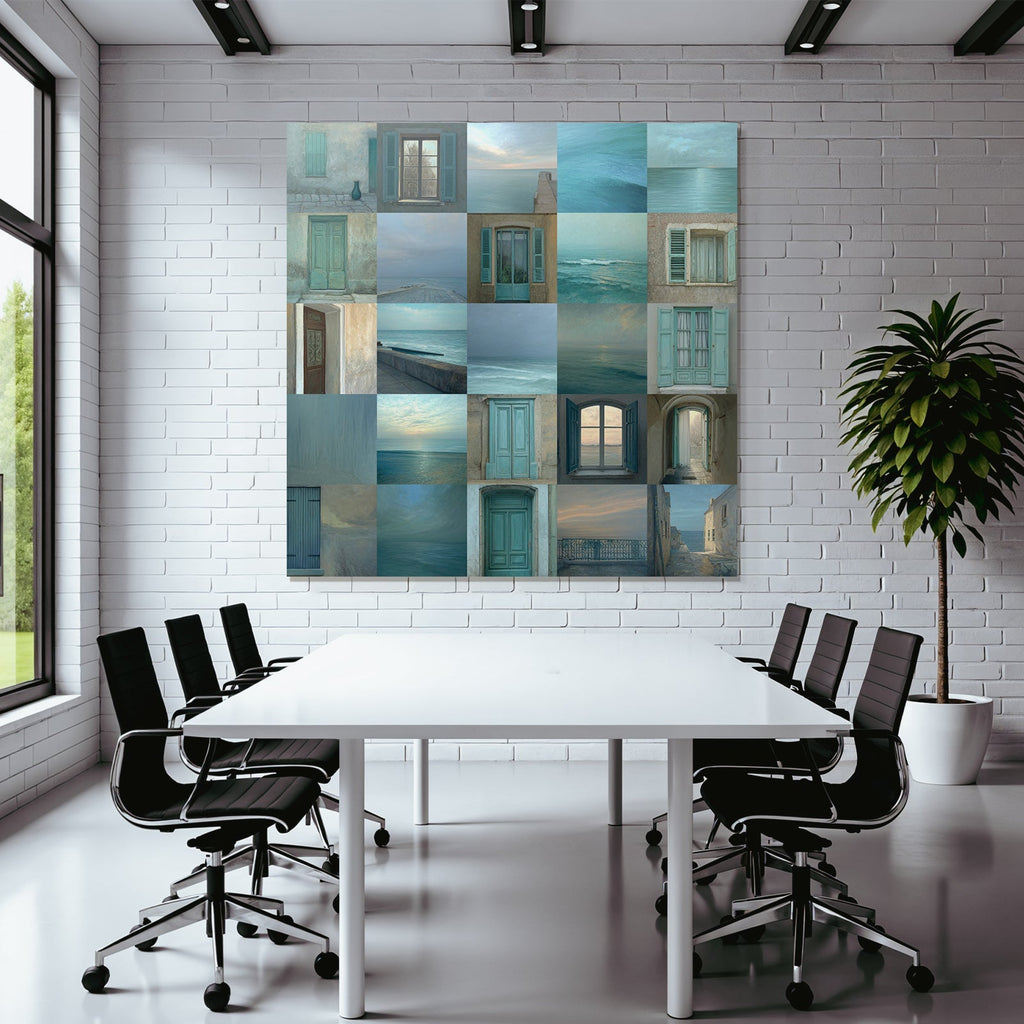 Blau Küstenlandschaft Mit Fenstern Und Toren In Blau Und Teal