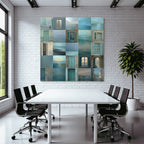 Blau Küstenlandschaft Mit Fenstern Und Toren In Blau Und Teal
