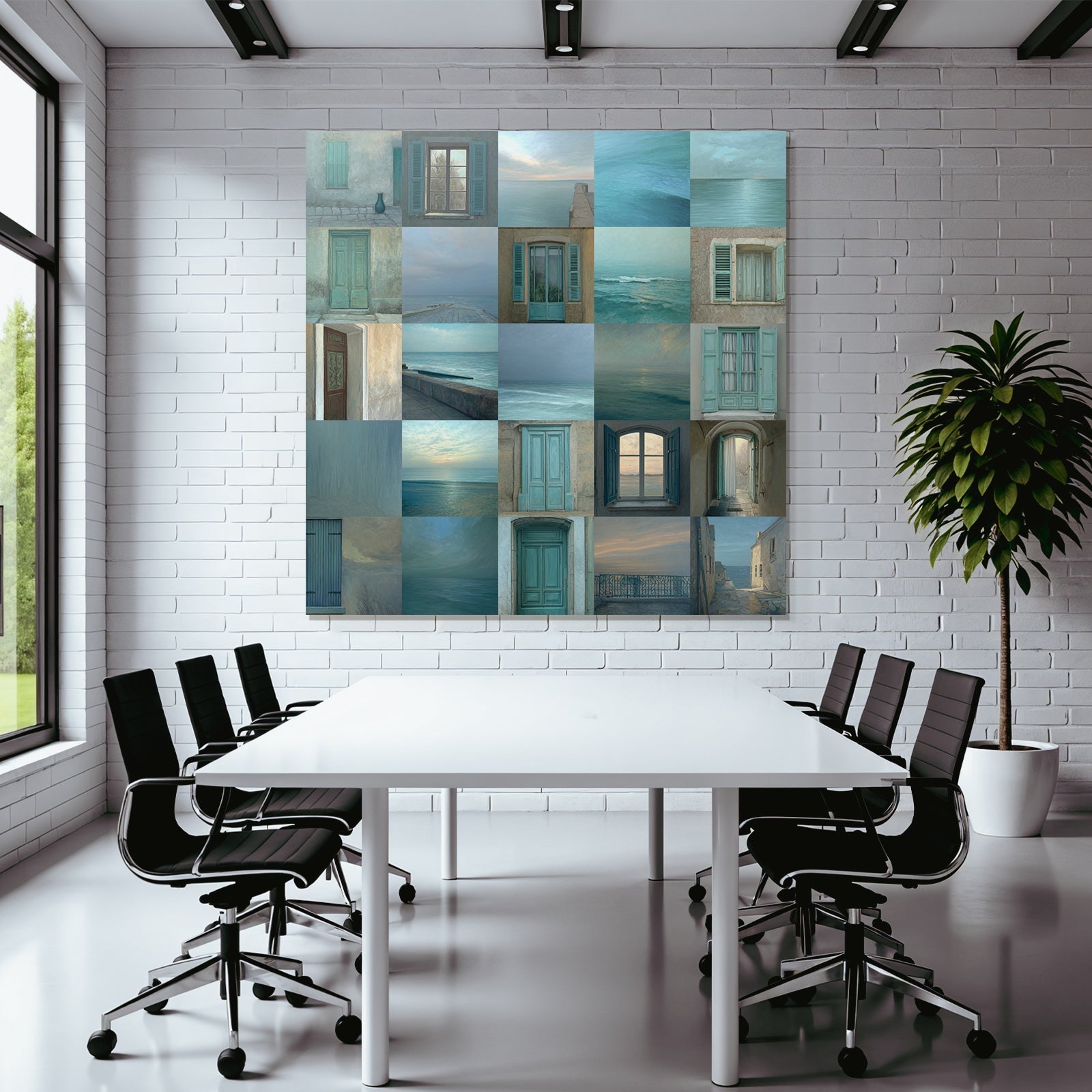 Blau Küstenlandschaft Mit Fenstern Und Toren In Blau Und Teal