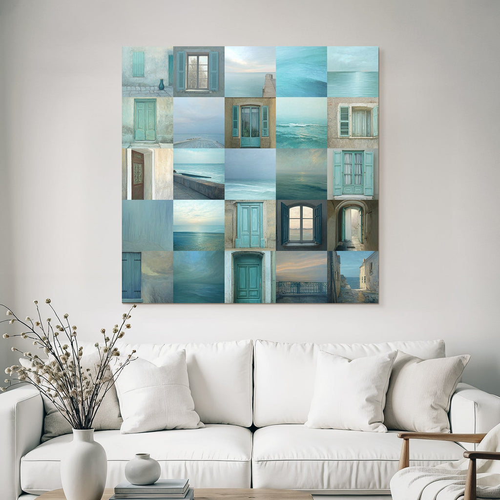 Blau Küstenlandschaft Mit Fenstern Und Toren In Blau Und Teal
