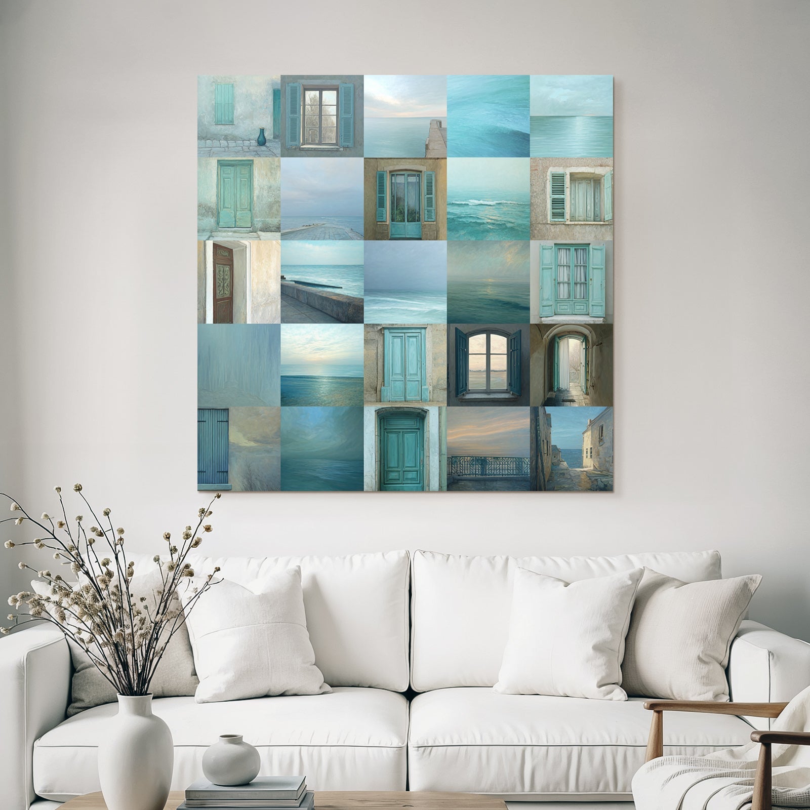 Blau Küstenlandschaft Mit Fenstern Und Toren In Blau Und Teal