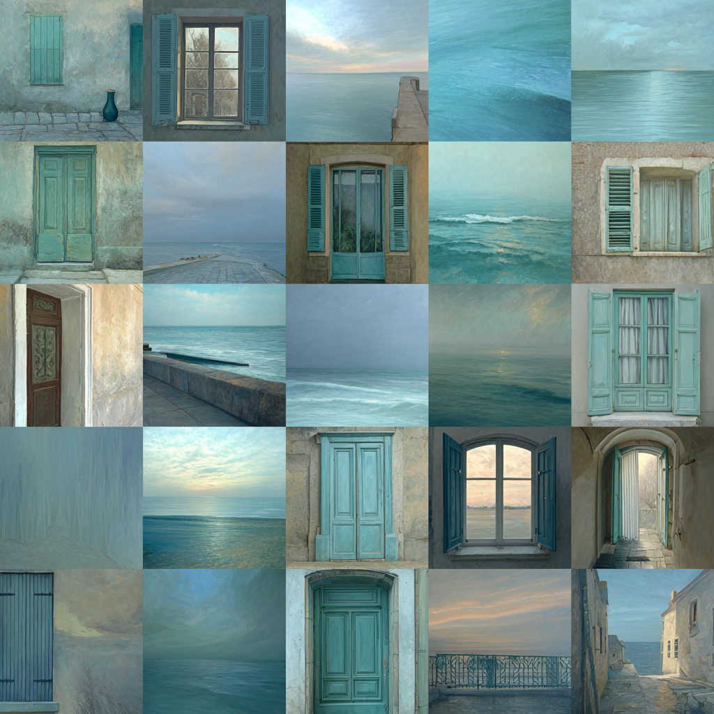 Blau Küstenlandschaft Mit Fenstern Und Toren In Blau Und Teal | Petrol Maritim Delfter Blau | Farbenwelten